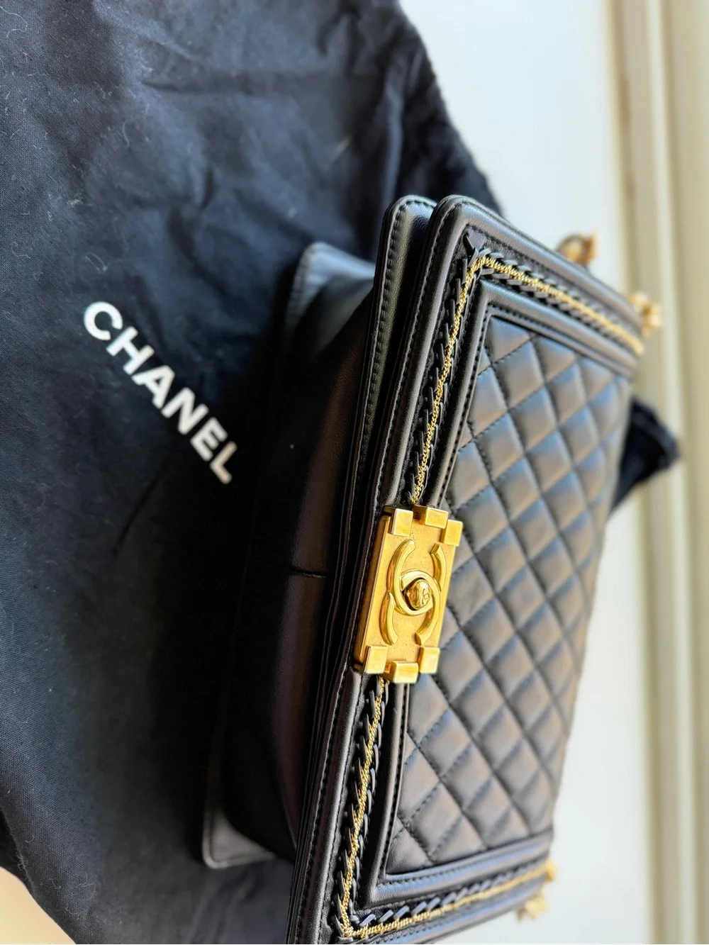 CHANEL Boy Small Black Lambskin Quilted Gold Hardware Chain Shoulder Bag